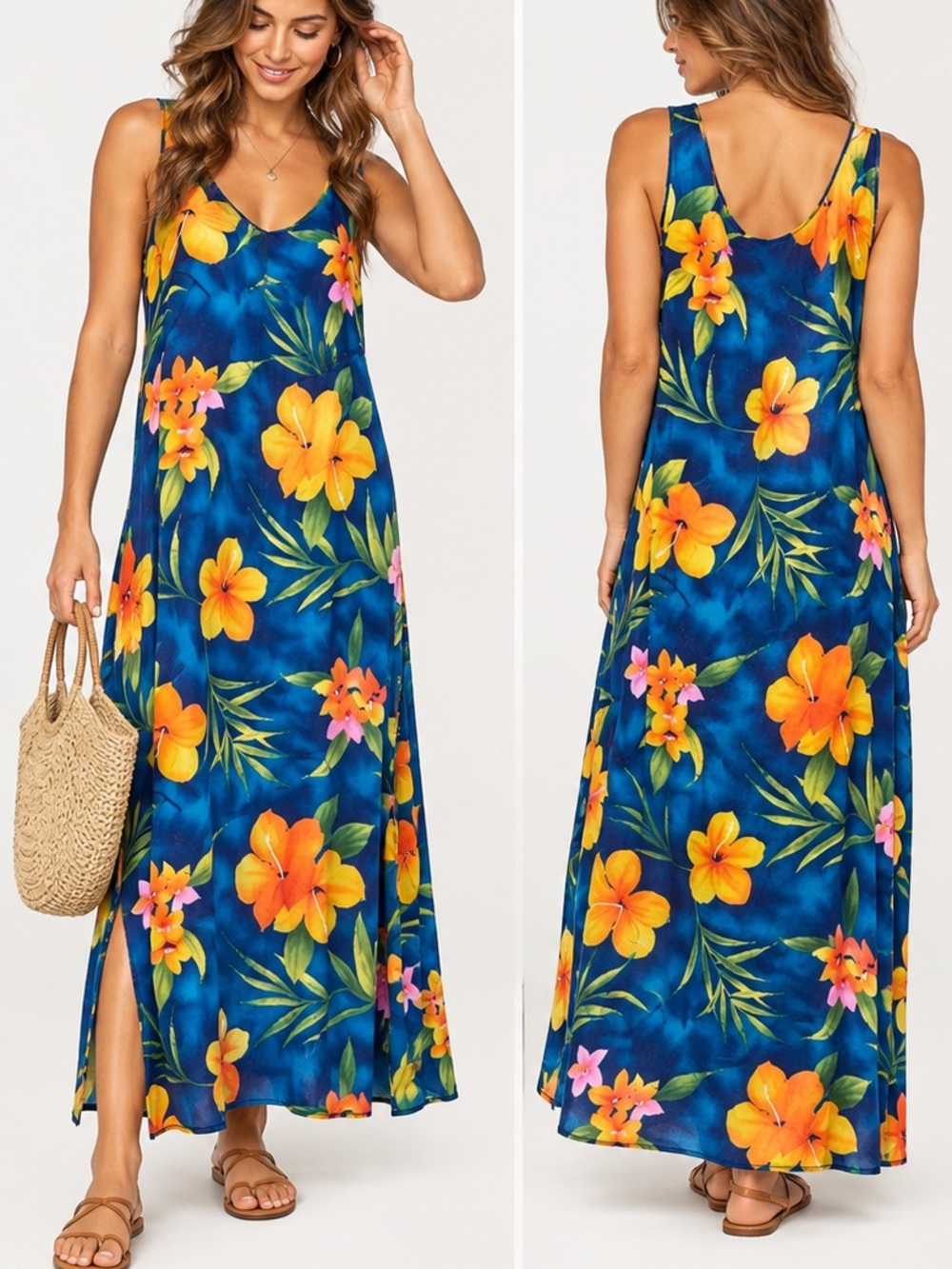 Vintage 90s Spago Tropical Floral Maxi Dress Blue Hibiscus Side Slit Tie Size 6